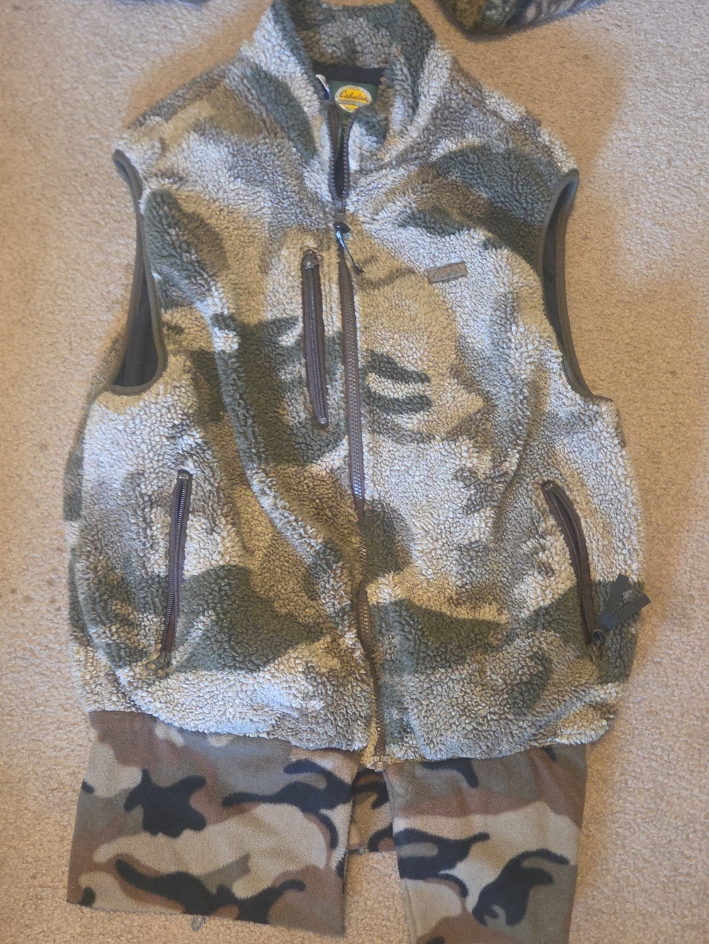Cabela's Camouflage Sherpa Fleece Vest in Green, Brown and Tan